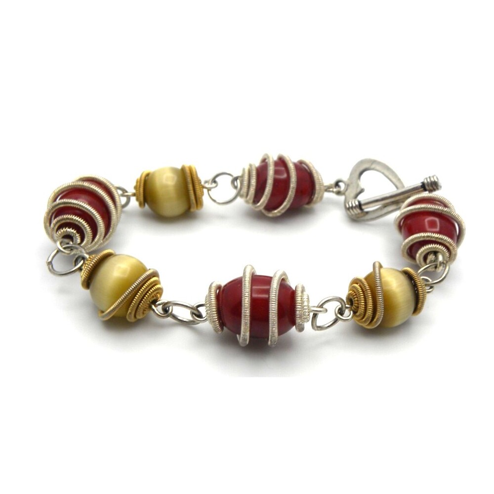 Wire Wrapped Bracelet Glass Beaded Toggle Red Gold Boho Rustic Statement Jewelry